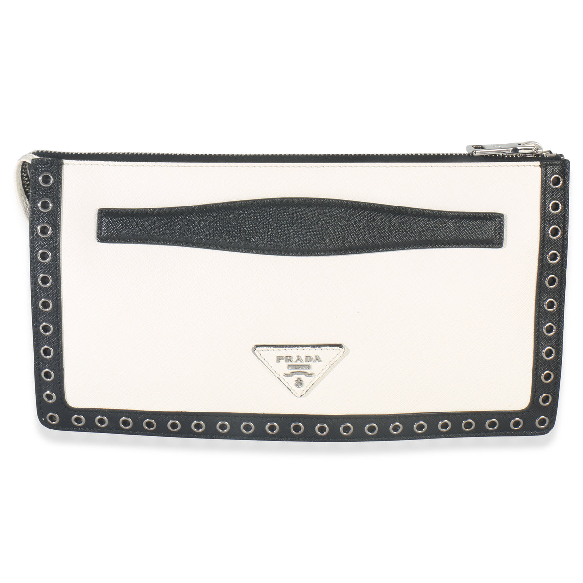 Prada White Black Saffiano Embroidered Eyelet Clutch Handbag bv