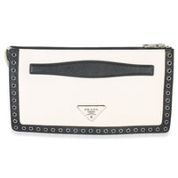 Prada White Black Saffiano Embroidered Eyelet Clutch Handbag bv