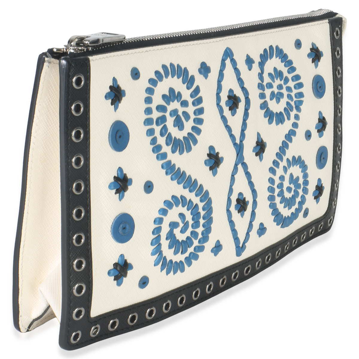 Prada White Black Saffiano Embroidered Eyelet Clutch Handbag pv