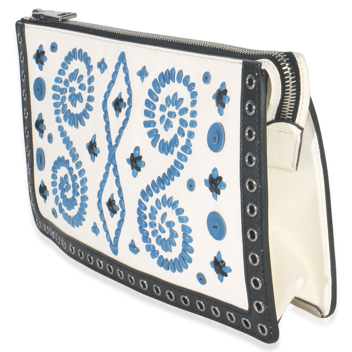 Prada White Black Saffiano Embroidered Eyelet Clutch Handbag sv