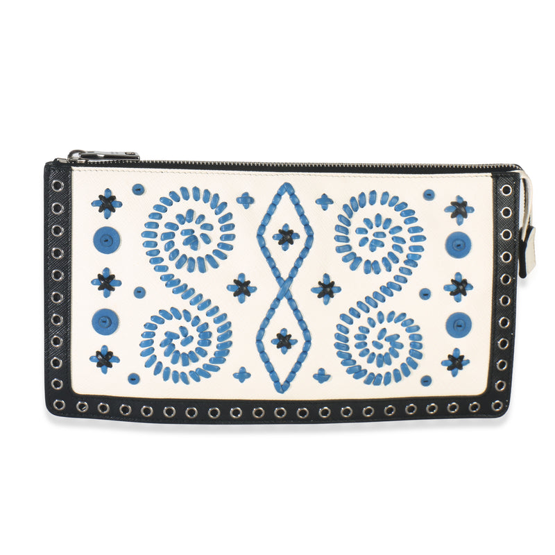 White Black Saffiano Embroidered Eyelet Clutch