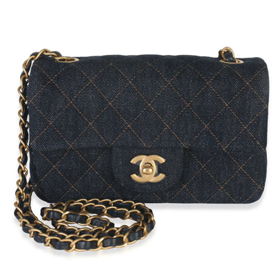 Dark Blue Quilted Denim Mini Rectangular Flap Bag