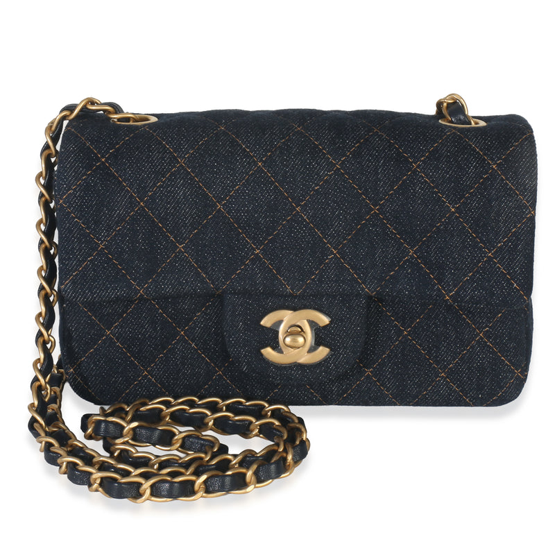 Dark Blue Quilted Denim Mini Rectangular Flap Bag