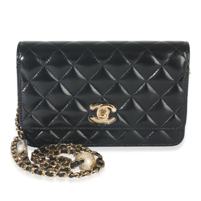 Black Quilted Lambskin Wallet On Chain With Pearl