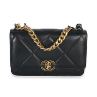 Black Shiny Quilted Lambskin Chanel 19 Wallet On Chain