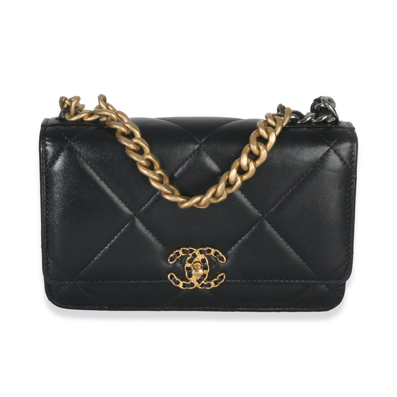 Black Shiny Quilted Lambskin Chanel 19 Wallet On Chain