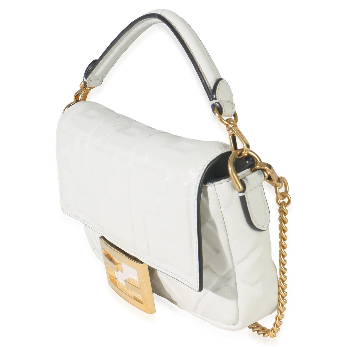 Fendi White Nappa FF 1974 Embossed Mini Baguette Bag Handbag sv