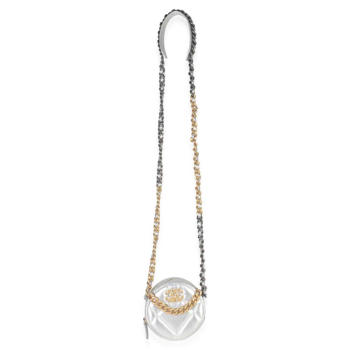 -Silver Quilted Lambskin Chanel 19 Round Pouch