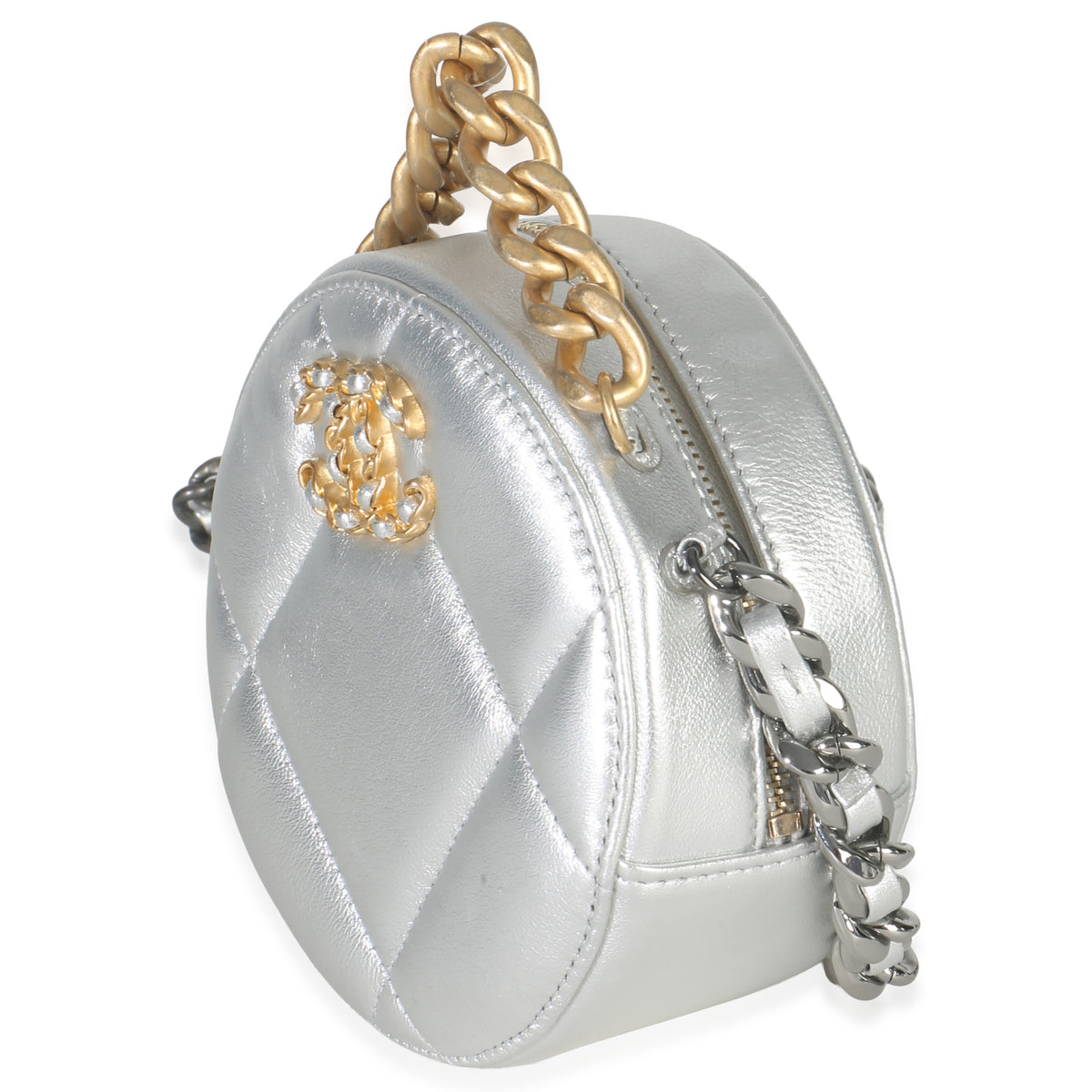 -Silver Quilted Lambskin Chanel 19 Round Pouch