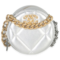-Silver Quilted Lambskin Chanel 19 Round Pouch