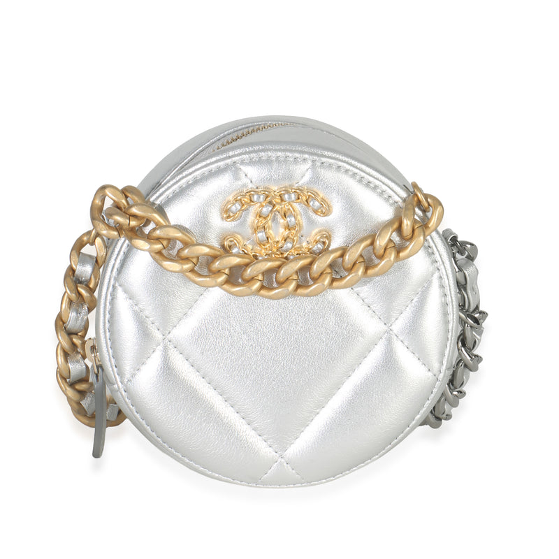 -Silver Quilted Lambskin Chanel 19 Round Pouch