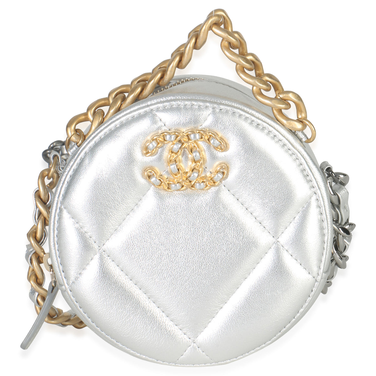 -Silver Quilted Lambskin Chanel 19 Round Pouch