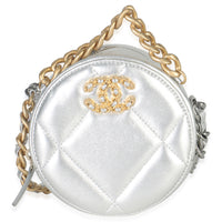 -Silver Quilted Lambskin Chanel 19 Round Pouch