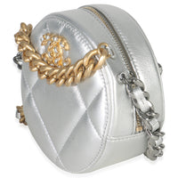 -Silver Quilted Lambskin Chanel 19 Round Pouch