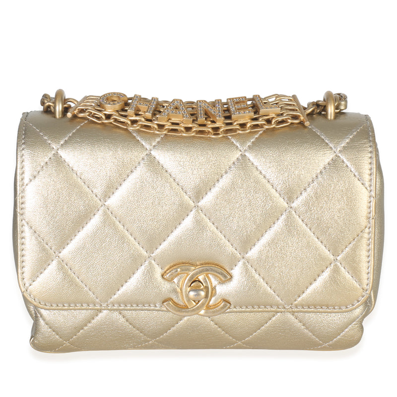 Gold Quilted Metallic Lambskin Mini CC Crystal Logo Chain Flap Bag