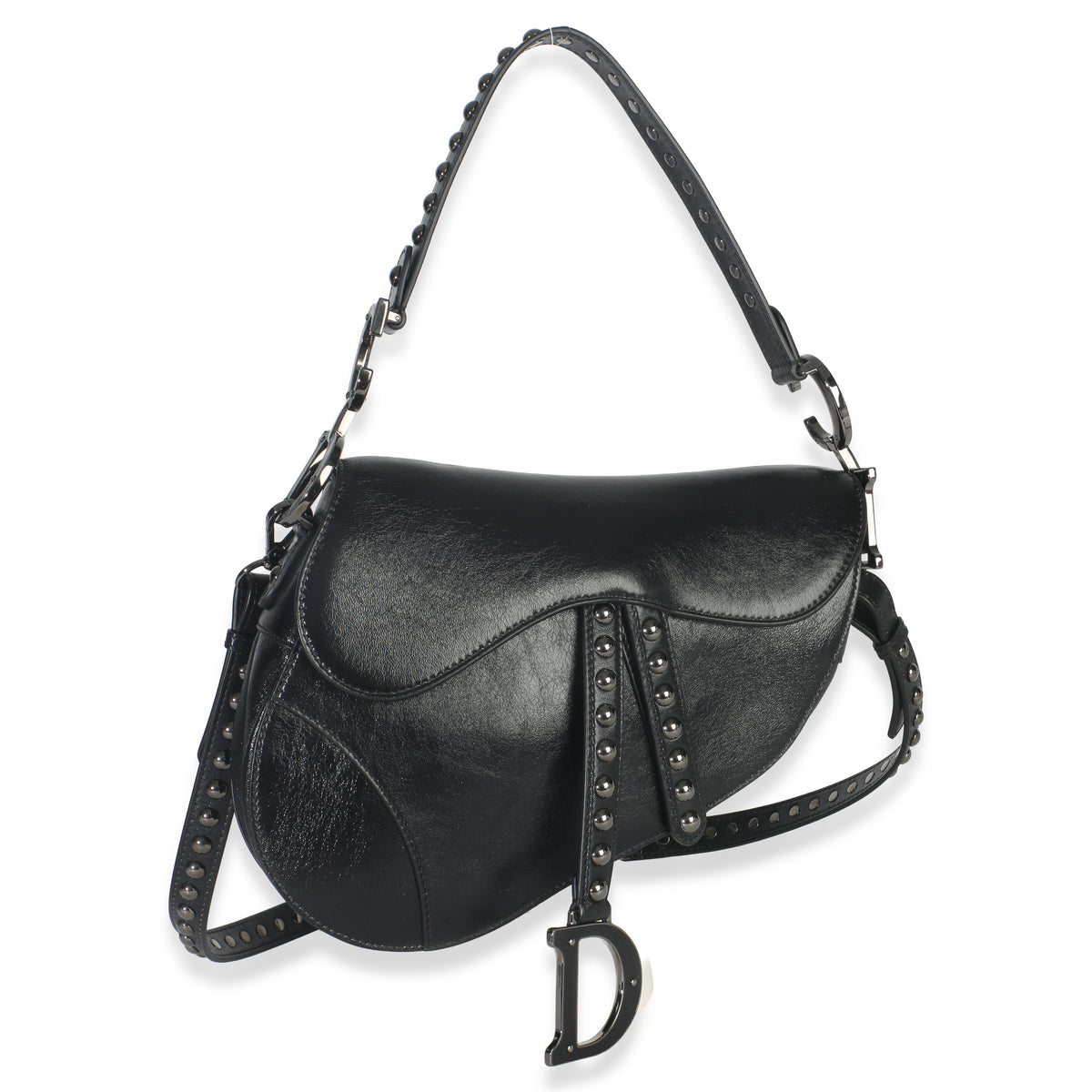 Christian Dior Black Calfskin Studded Medium Saddle Bag Handbag fv