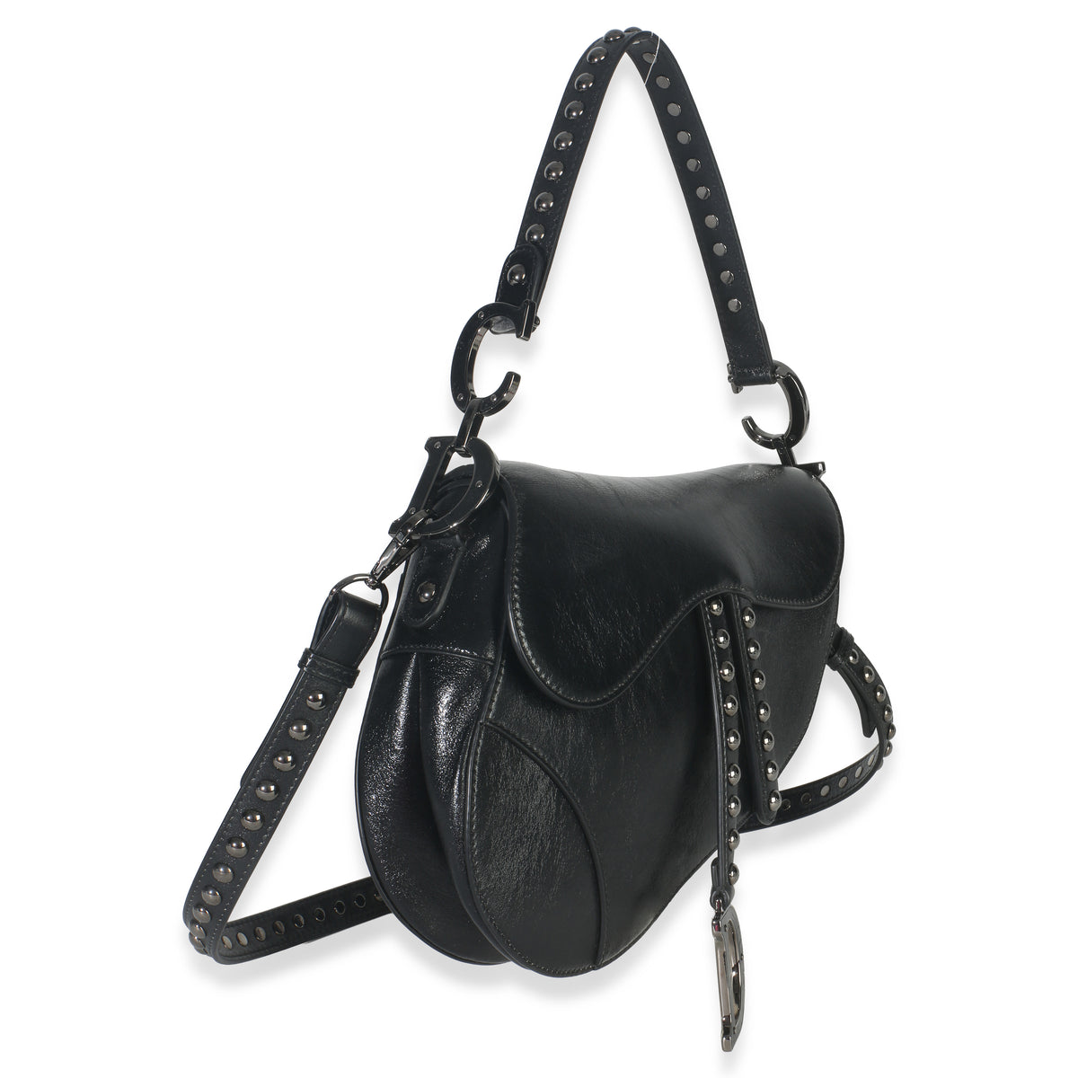 Christian Dior Black Calfskin Studded Medium Saddle Bag Handbag pv