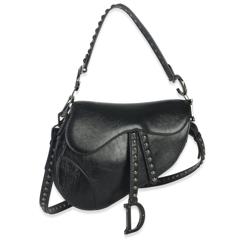 Black Calfskin Studded Medium Saddle Bag