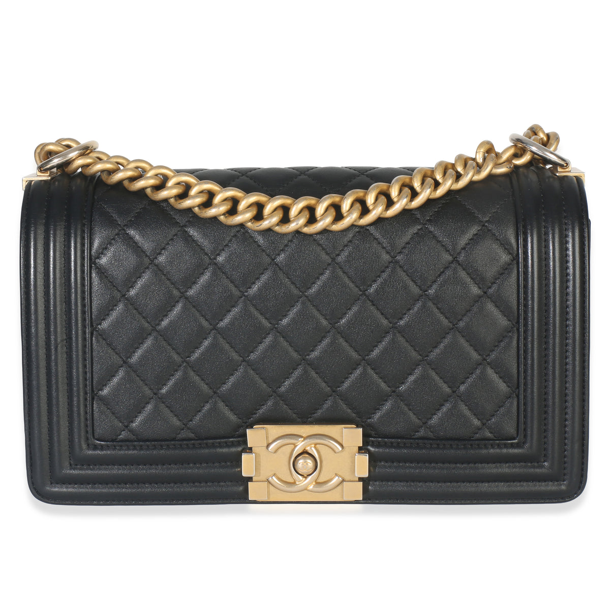 Chanel Black Quilted Lambskin Old Medium Boy Bag Handbag fv
