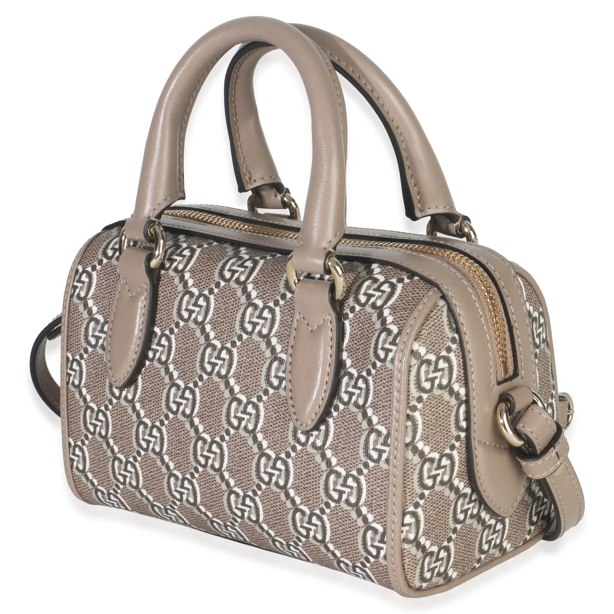 Gucci Taupe GG Shadow Monogram Super Mini Ophidia Bowler Bag Handbag sv