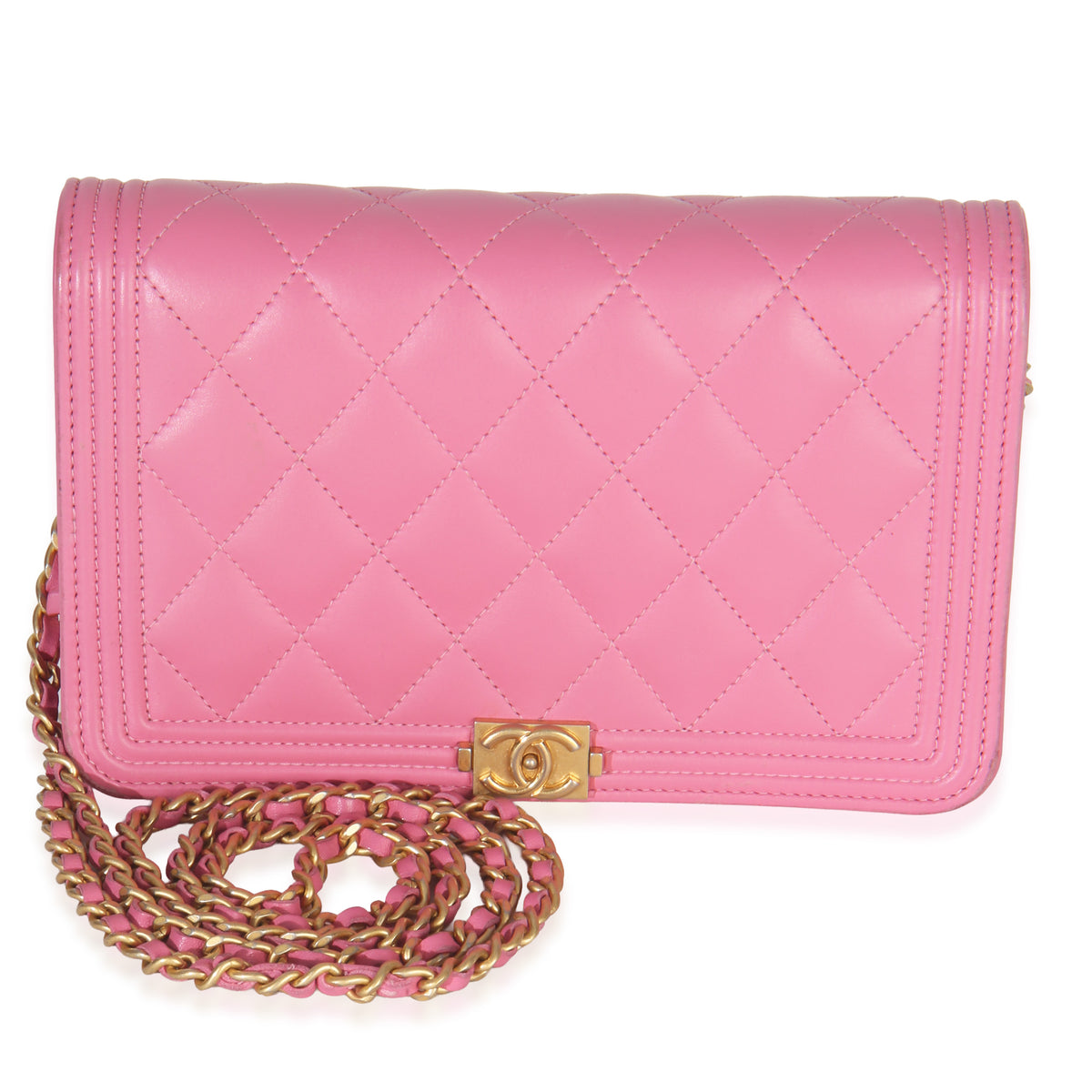 Pink Quilted Lambskin Boy Wallet on Chain