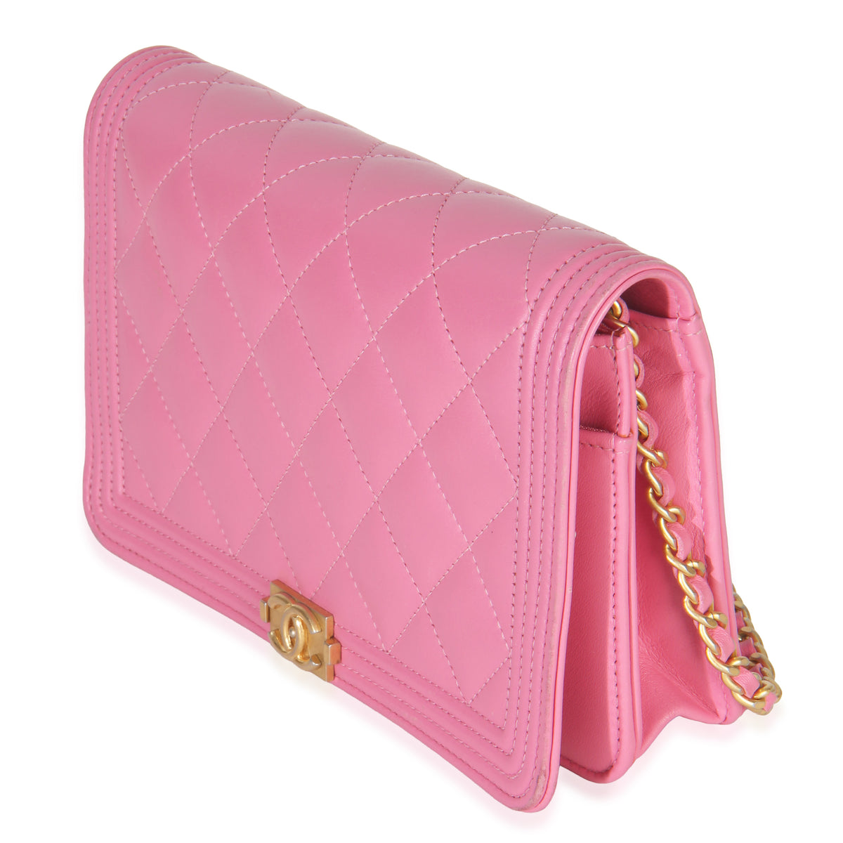 Pink Quilted Lambskin Boy Wallet on Chain