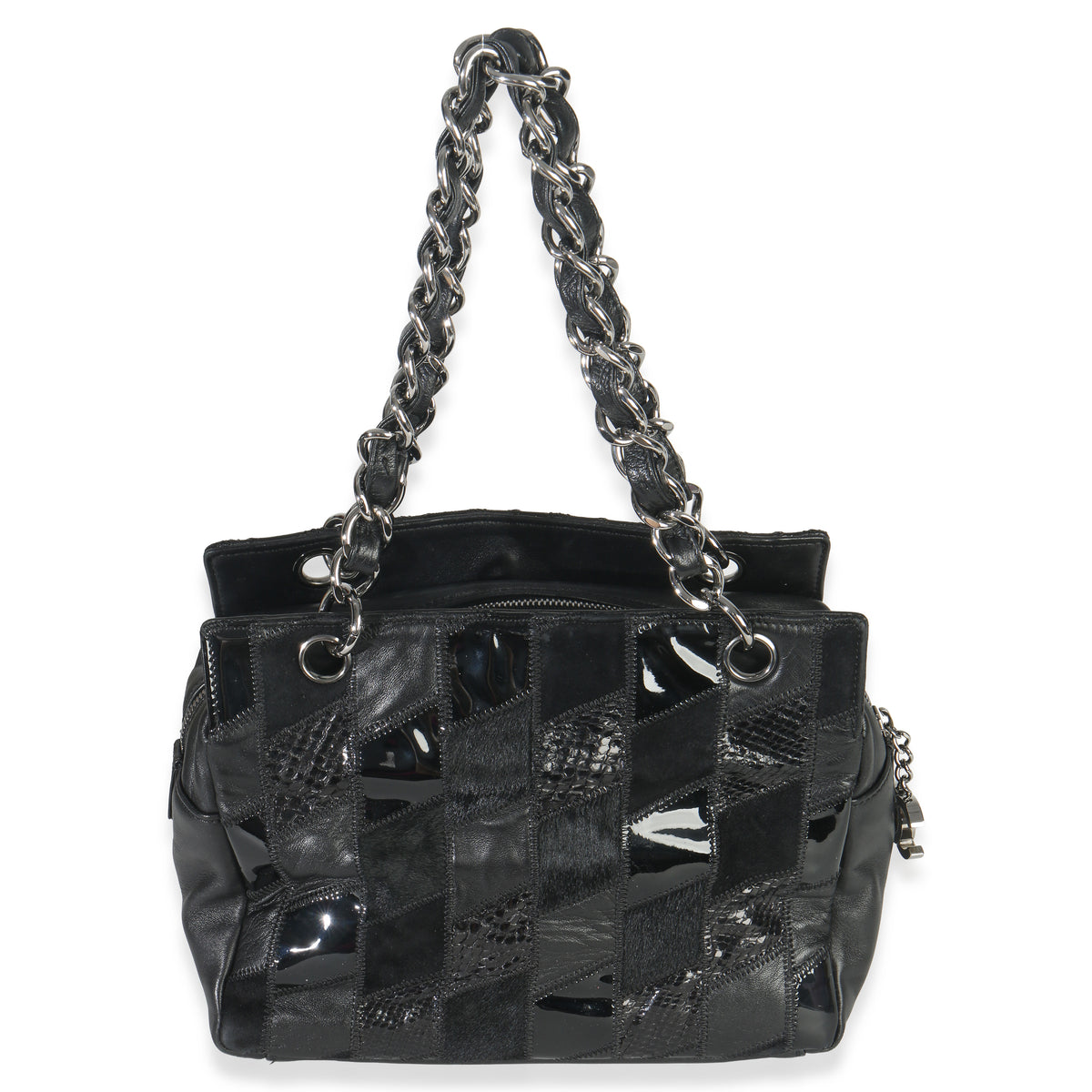 Chanel Black Lambskin Python Patchwork Shoulder Bag Handbag bv