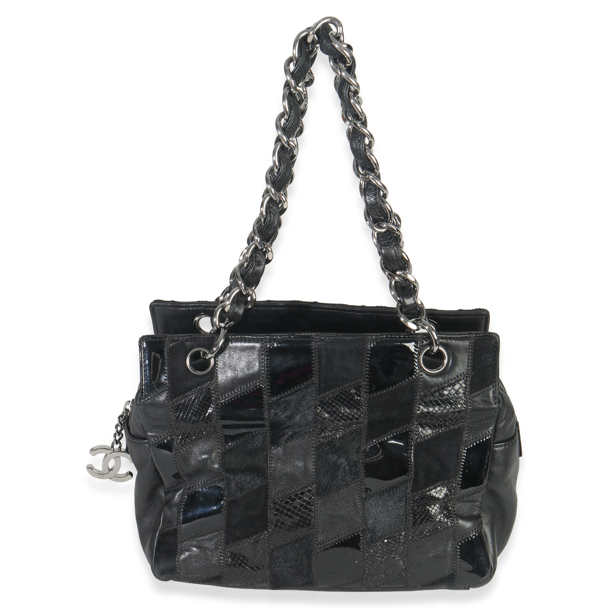 Chanel Black Lambskin Python Patchwork Shoulder Bag Handbag fv