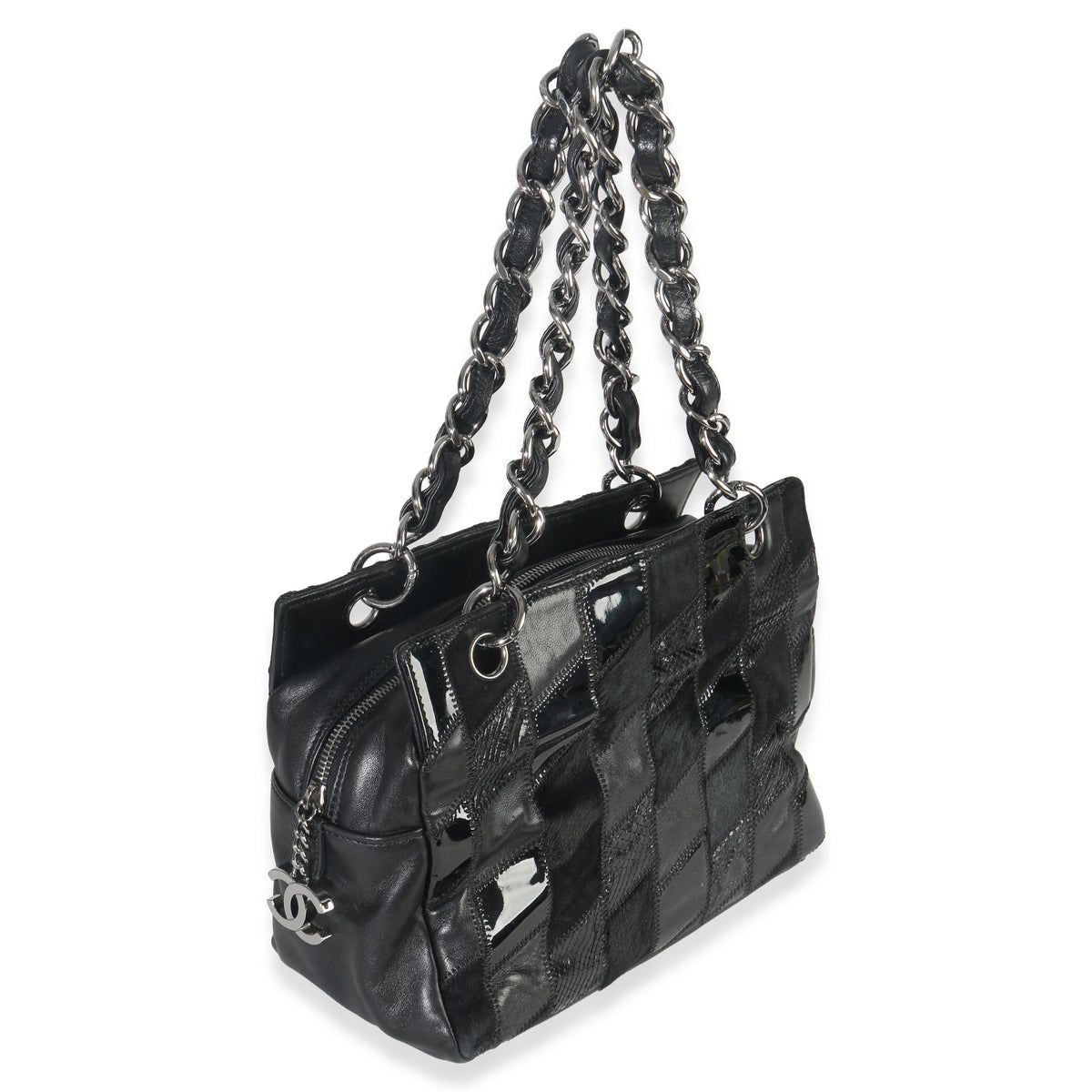 Chanel Black Lambskin Python Patchwork Shoulder Bag Handbag pv