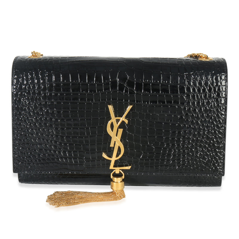 Black Croc Embossed Leather Medium Kate Tassel Chain Bag