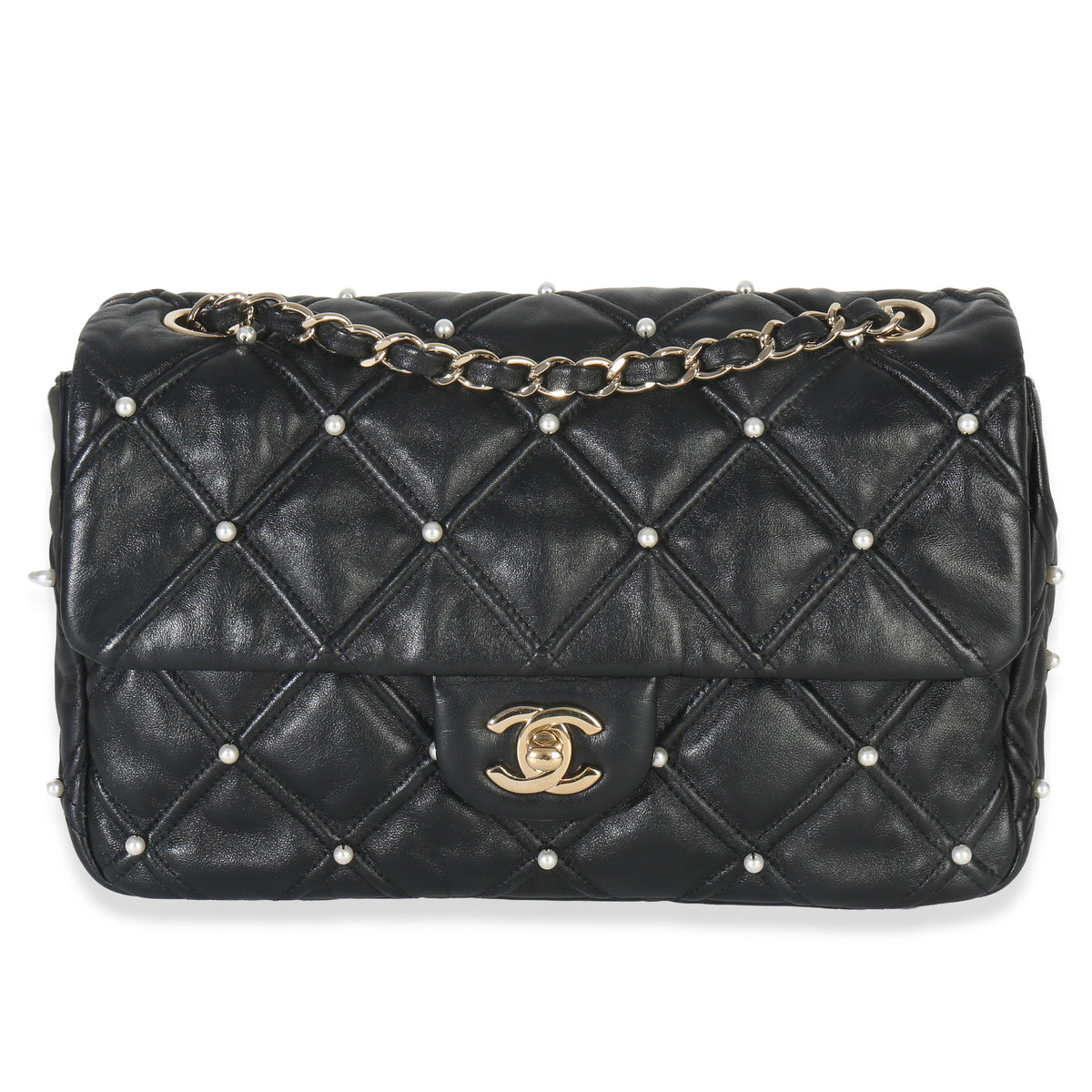 Chanel Black Pearl Studded Lambskin Medium CC Flap Bag Handbag fv