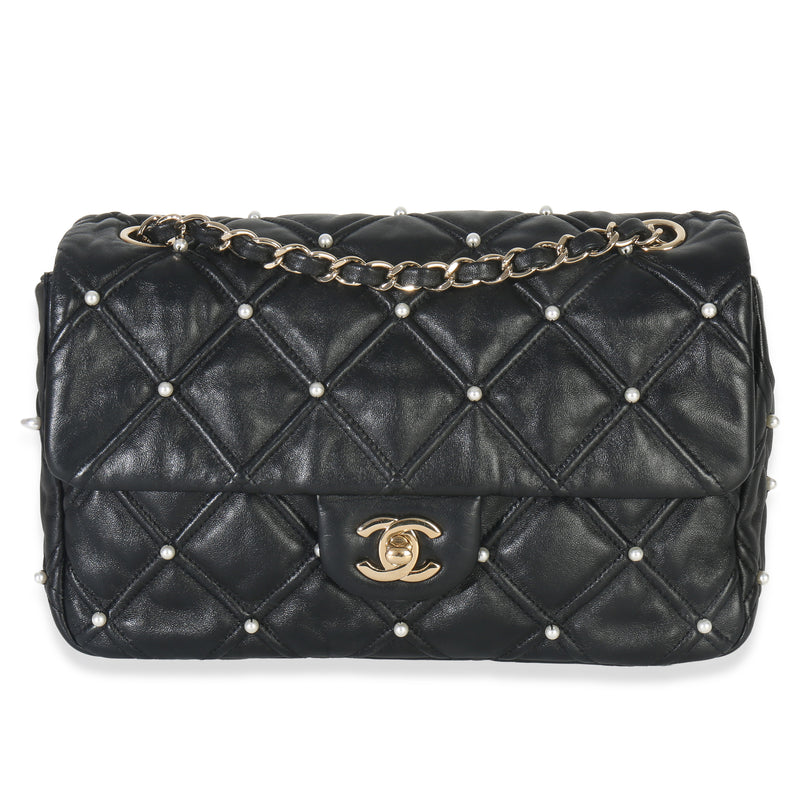 Chanel Black Pearl Studded Lambskin Medium CC Flap Bag Handbag fv
