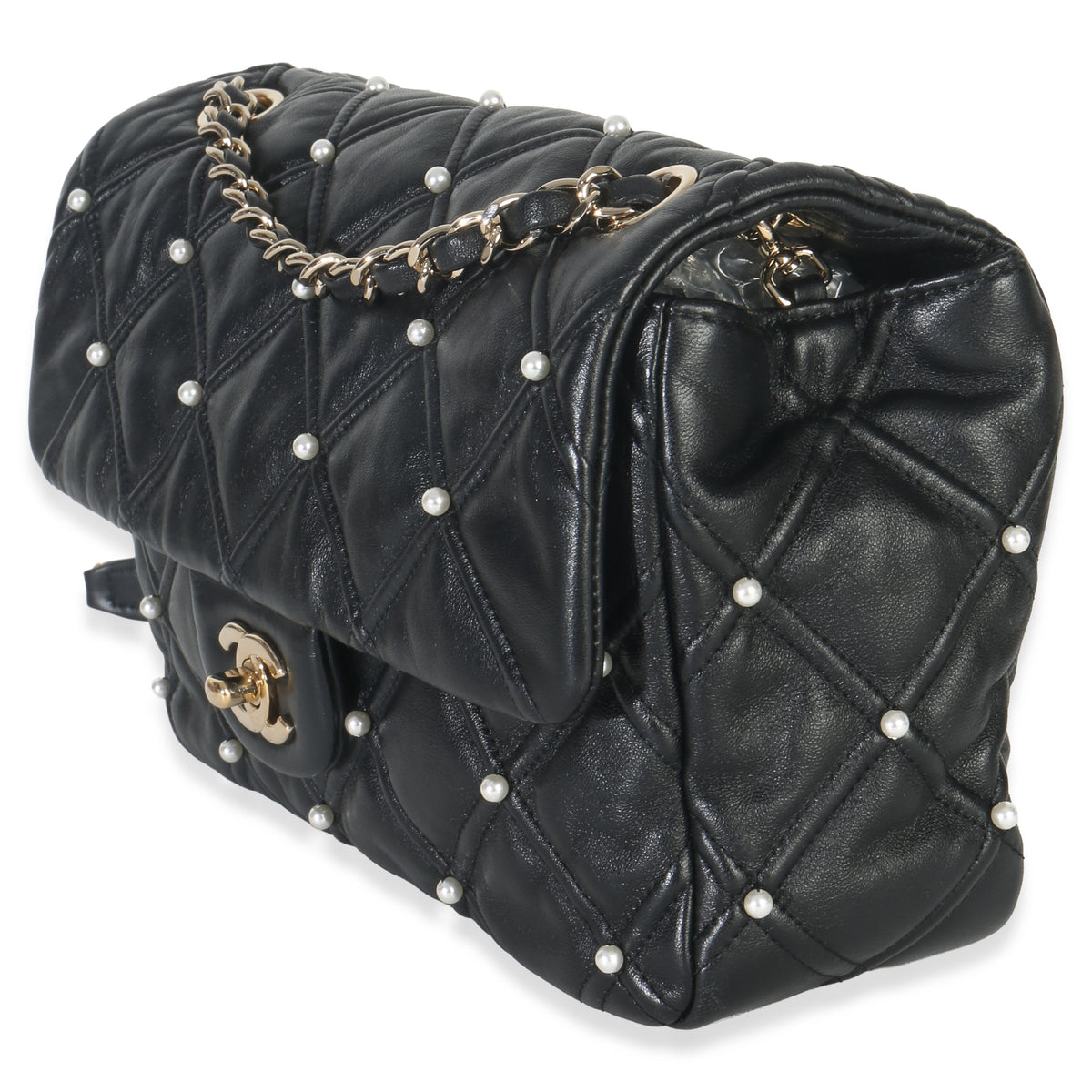 Chanel Black Pearl Studded Lambskin Medium CC Flap Bag Handbag sv