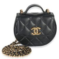 Black Quilted Lambskin Round Vanity Clutch With Chain