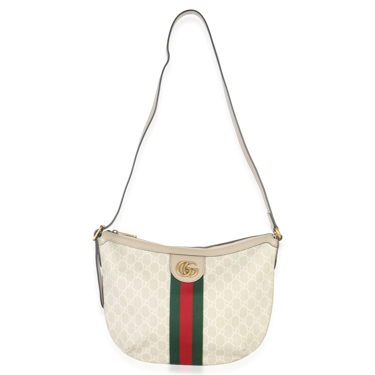 Gucci Mystic White GG Supreme Canvas Dollar Calfskin Web Small Ophidia Half Moon Handbag av