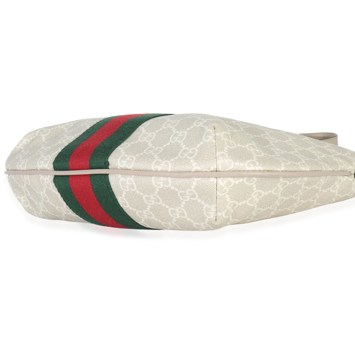 Gucci Mystic White GG Supreme Canvas Dollar Calfskin Web Small Ophidia Half Moon Handbag box