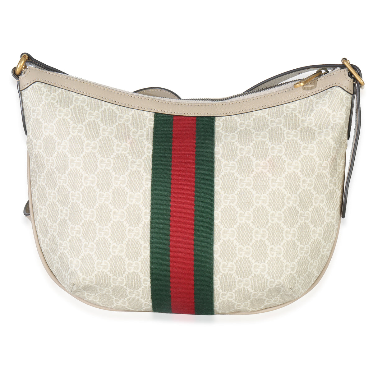 Gucci Mystic White GG Supreme Canvas Dollar Calfskin Web Small Ophidia Half Moon Handbag bv
