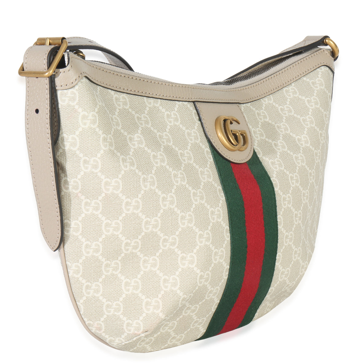 Gucci Mystic White GG Supreme Canvas Dollar Calfskin Web Small Ophidia Half Moon Handbag pv