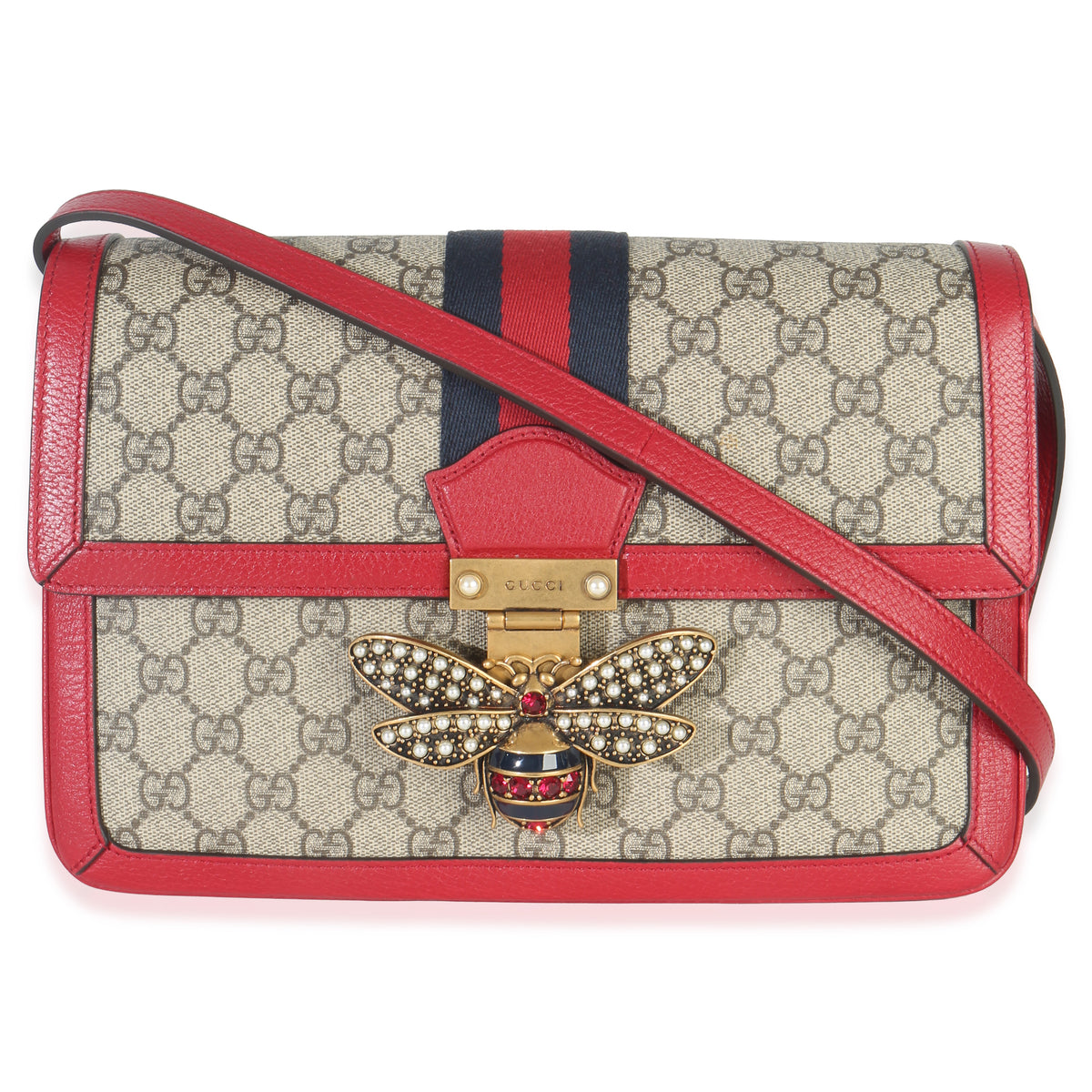 Gucci Red Calfskin GG Supreme Canvas Medium Margaret Shoulder Bag Handbag fv