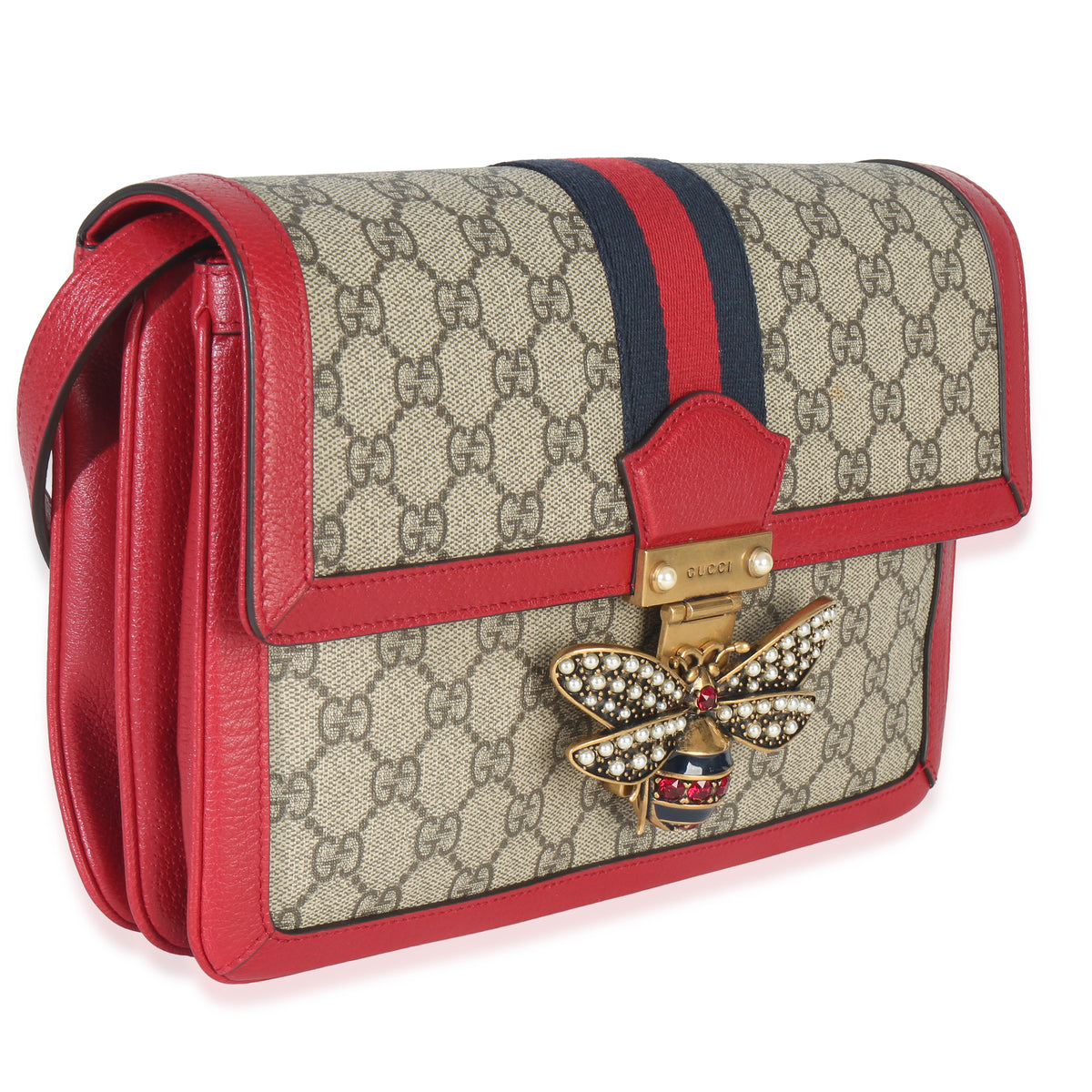 Gucci Red Calfskin GG Supreme Canvas Medium Margaret Shoulder Bag Handbag pv