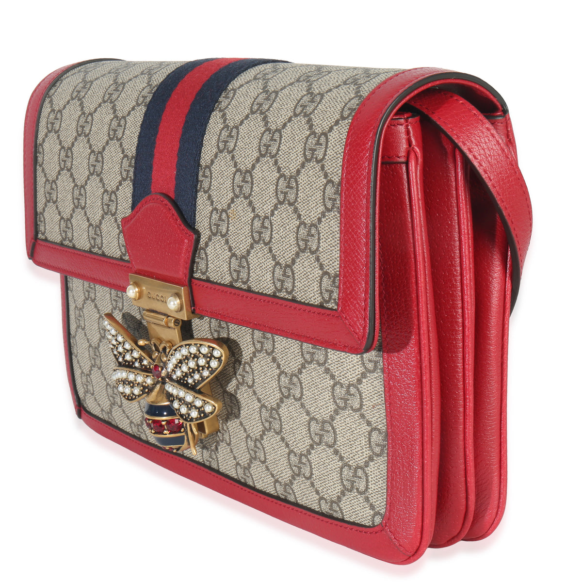 Gucci Red Calfskin GG Supreme Canvas Medium Margaret Shoulder Bag Handbag sv