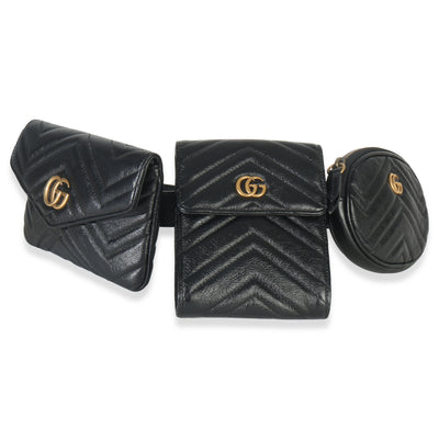 Gucci Black Matelasse Calfskin GG Marmont Triple Pouch Belt Bag Handbag fv