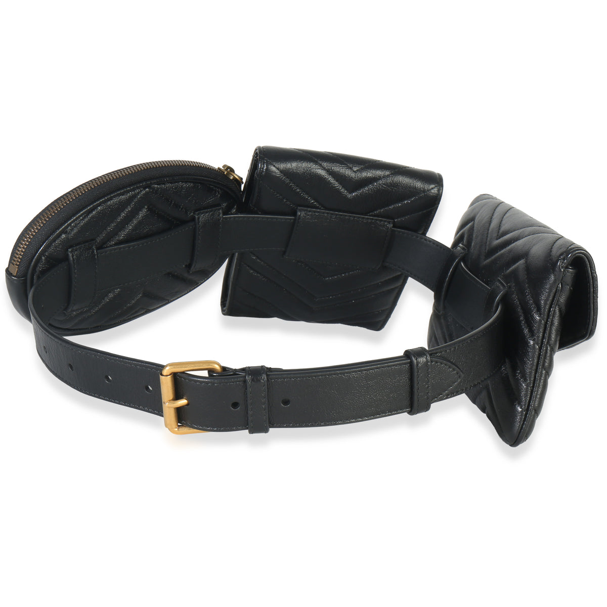 Gucci Black Matelasse Calfskin GG Marmont Triple Pouch Belt Bag Handbag pv