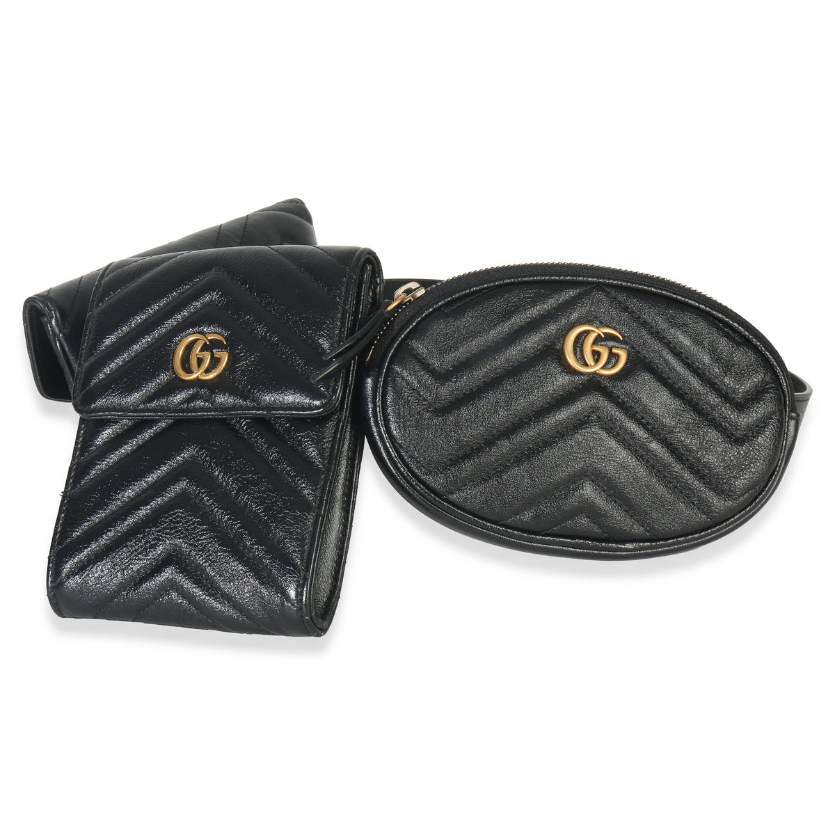 Gucci Black Matelasse Calfskin GG Marmont Triple Pouch Belt Bag Handbag sv
