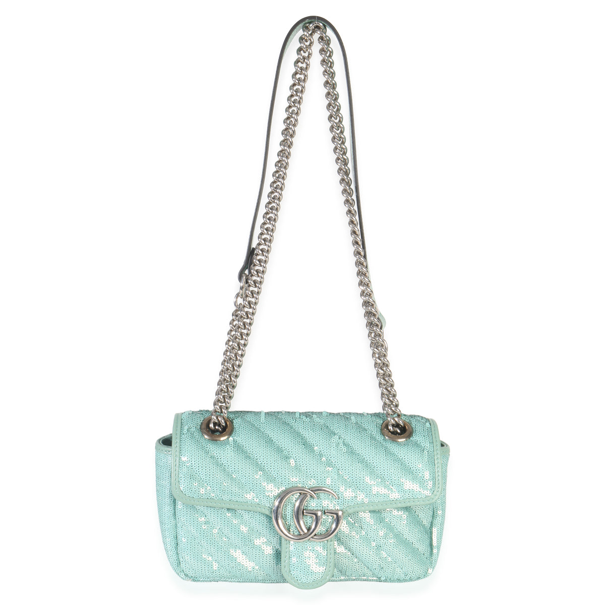 Gucci Blue Sequin Calfskin Matelasse Diagonal Small GG Marmont Shoulder Bag Handbag av