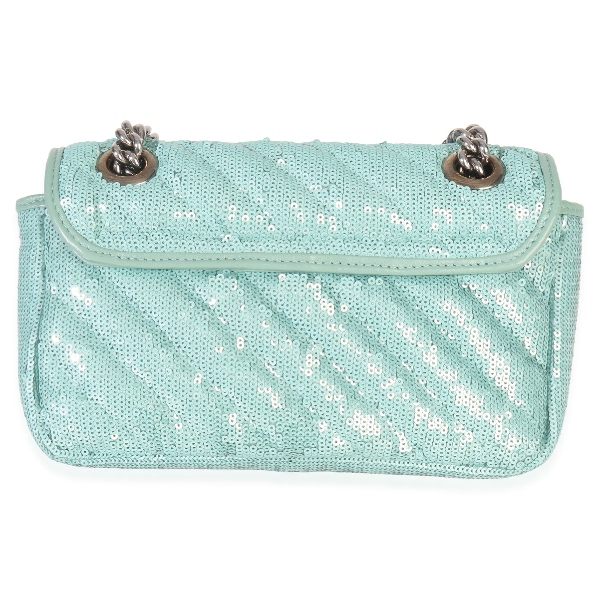 Gucci Blue Sequin Calfskin Matelasse Diagonal Small GG Marmont Shoulder Bag Handbag bv