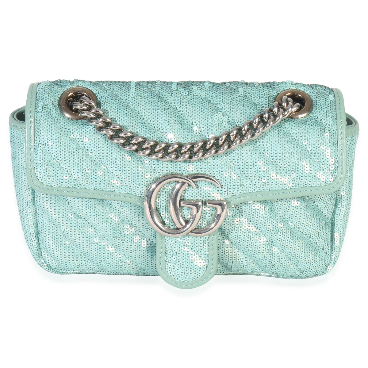 Gucci Blue Sequin Calfskin Matelasse Diagonal Small GG Marmont Shoulder Bag Handbag fv