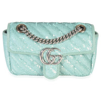 Gucci Blue Sequin Calfskin Matelasse Diagonal Small GG Marmont Shoulder Bag Handbag fv