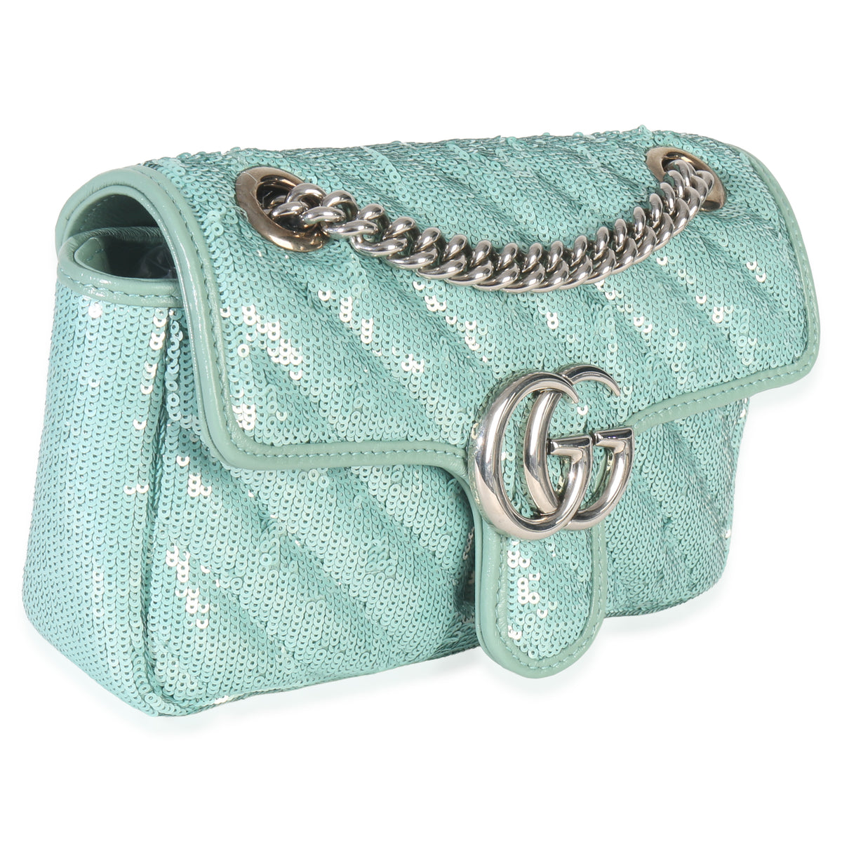 Gucci Blue Sequin Calfskin Matelasse Diagonal Small GG Marmont Shoulder Bag Handbag pv