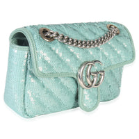 Gucci Blue Sequin Calfskin Matelasse Diagonal Small GG Marmont Shoulder Bag Handbag pv